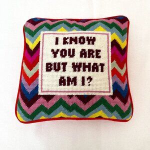 NWOT I KNOW YOU ARE BUT WHAT AM I? Needlepoint Furbish Studio Pillow Nostalgia